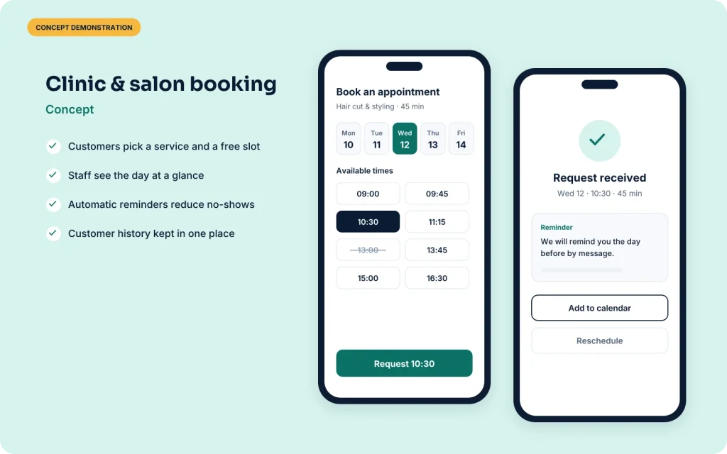 Concept mobile booking app: a customer picks a day and a free time slot, then sees a confirmation with a reminder notice.