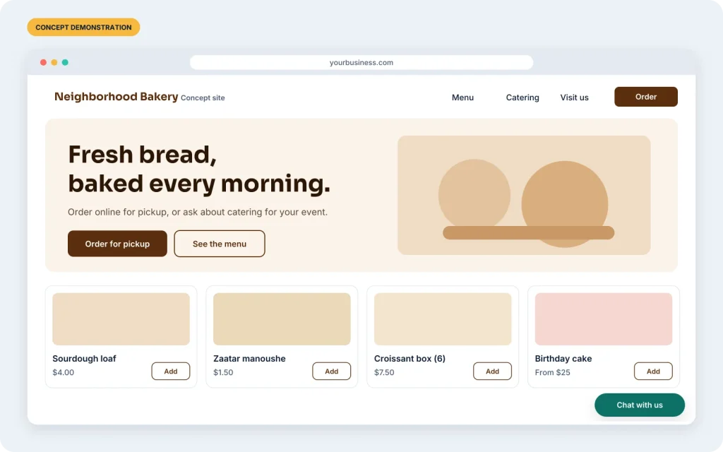 Concept bakery website with a clear headline, Order for pickup and See the menu buttons, product cards and a chat button.